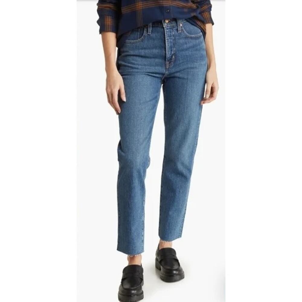 Madewell High Rise Raw Hem Perfect Vintage Straight Leg Jeans Blue 25